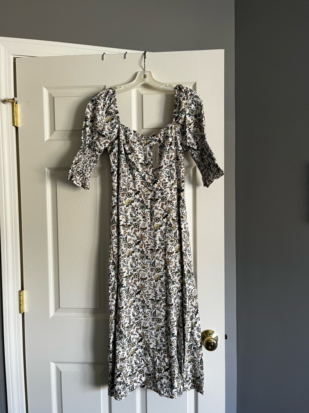 Audrey Brooke White Floral Midi Dress with Black and Olive Print